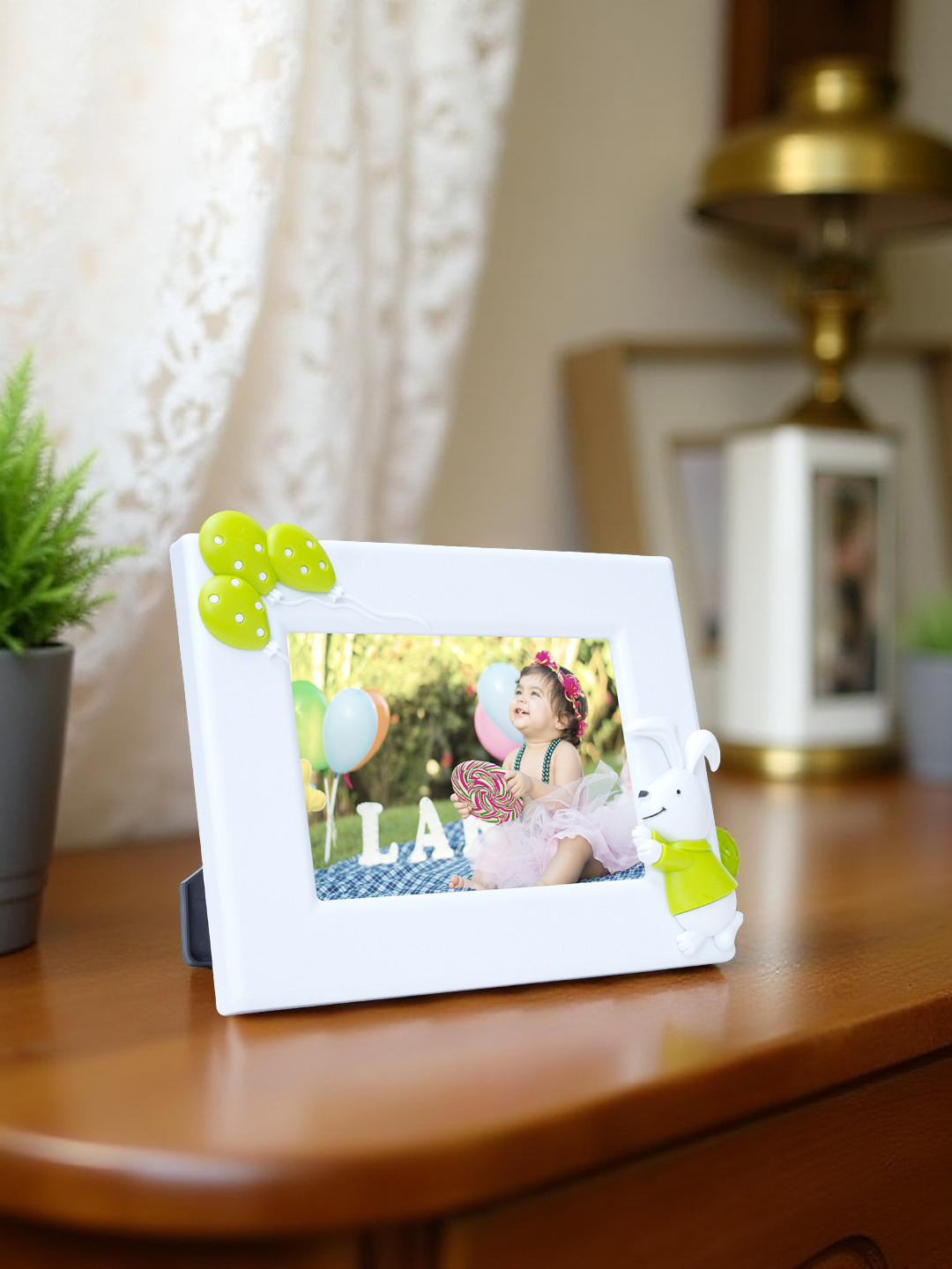 Buy Golden Peacock Green & White Bunny Rabbit Embossed Table Photo ...