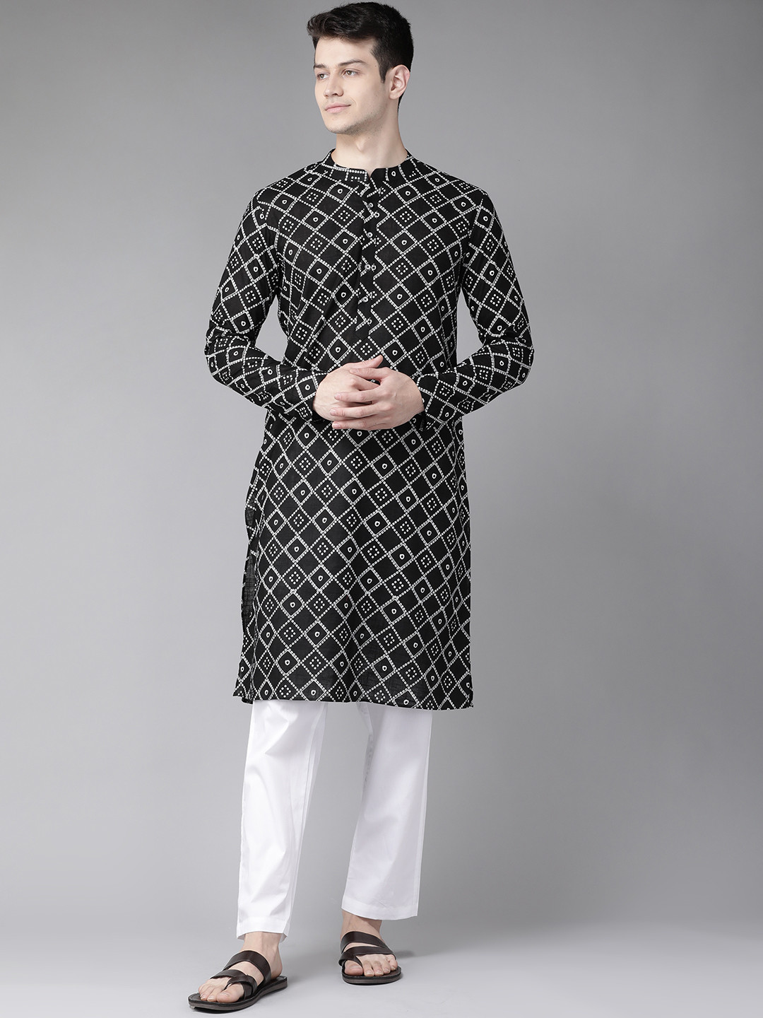 Grey - Tie-Dye Cotton Short Bandhani Kurta for Men 03
