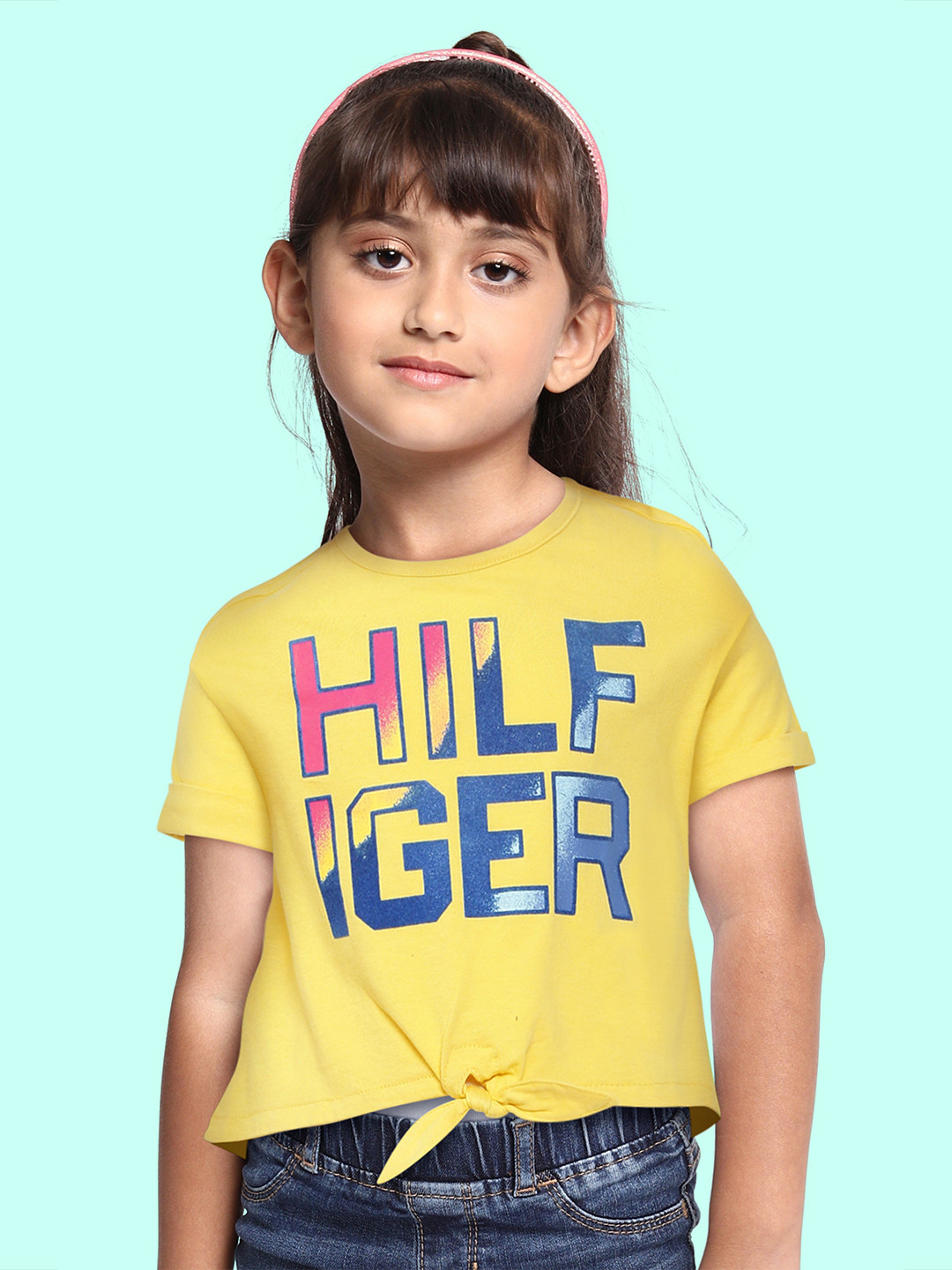 Buy Tommy Hilfiger Yellow Printed Pure Cotton Crop Top Tops for Girls
