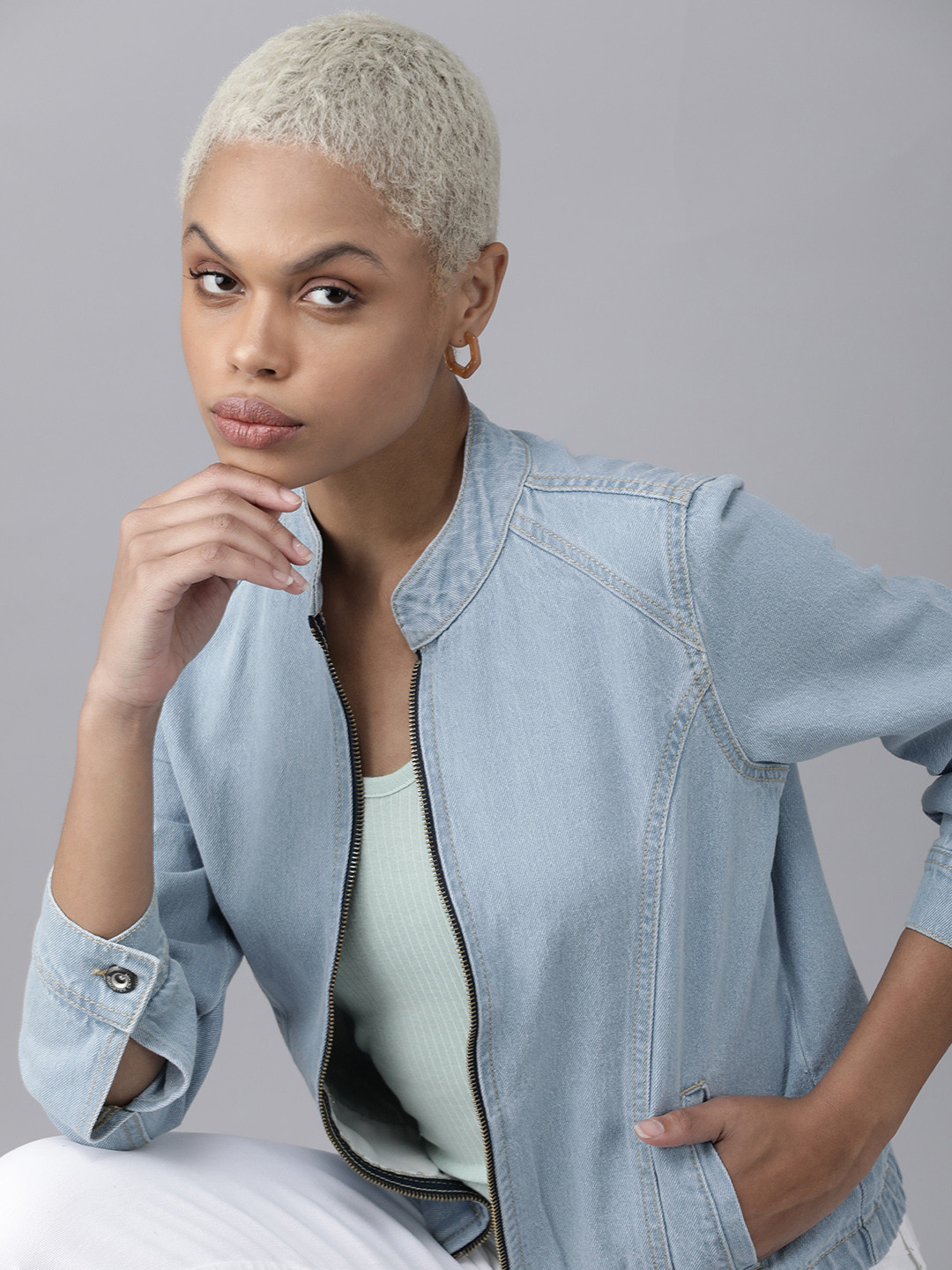 Buy Roadster Women Light Blue Solid Stand Collar Denim Jacket Jackets