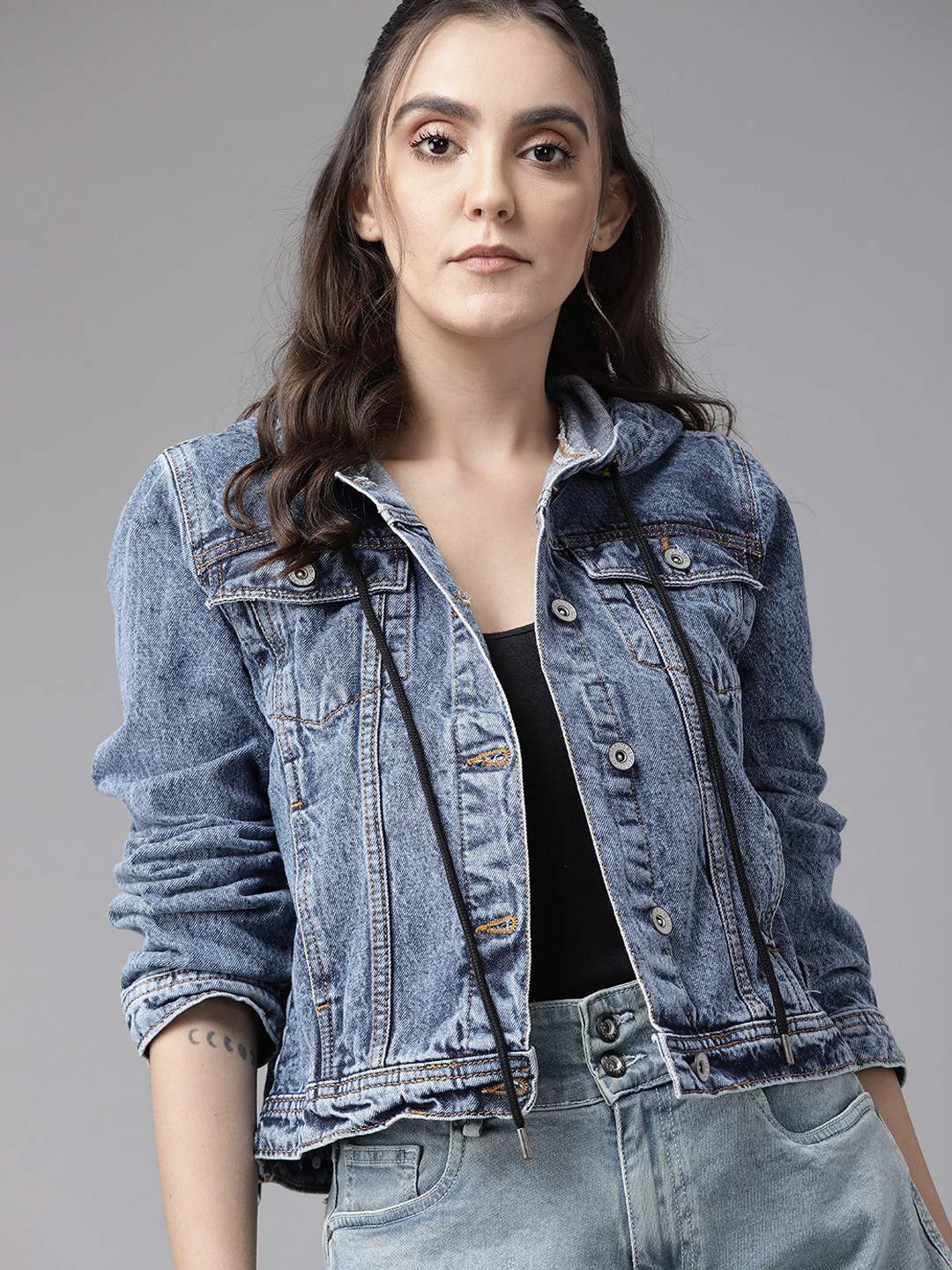 Buy Roadster Women Navy Blue Cotton Solid Denim Jacket Jackets for