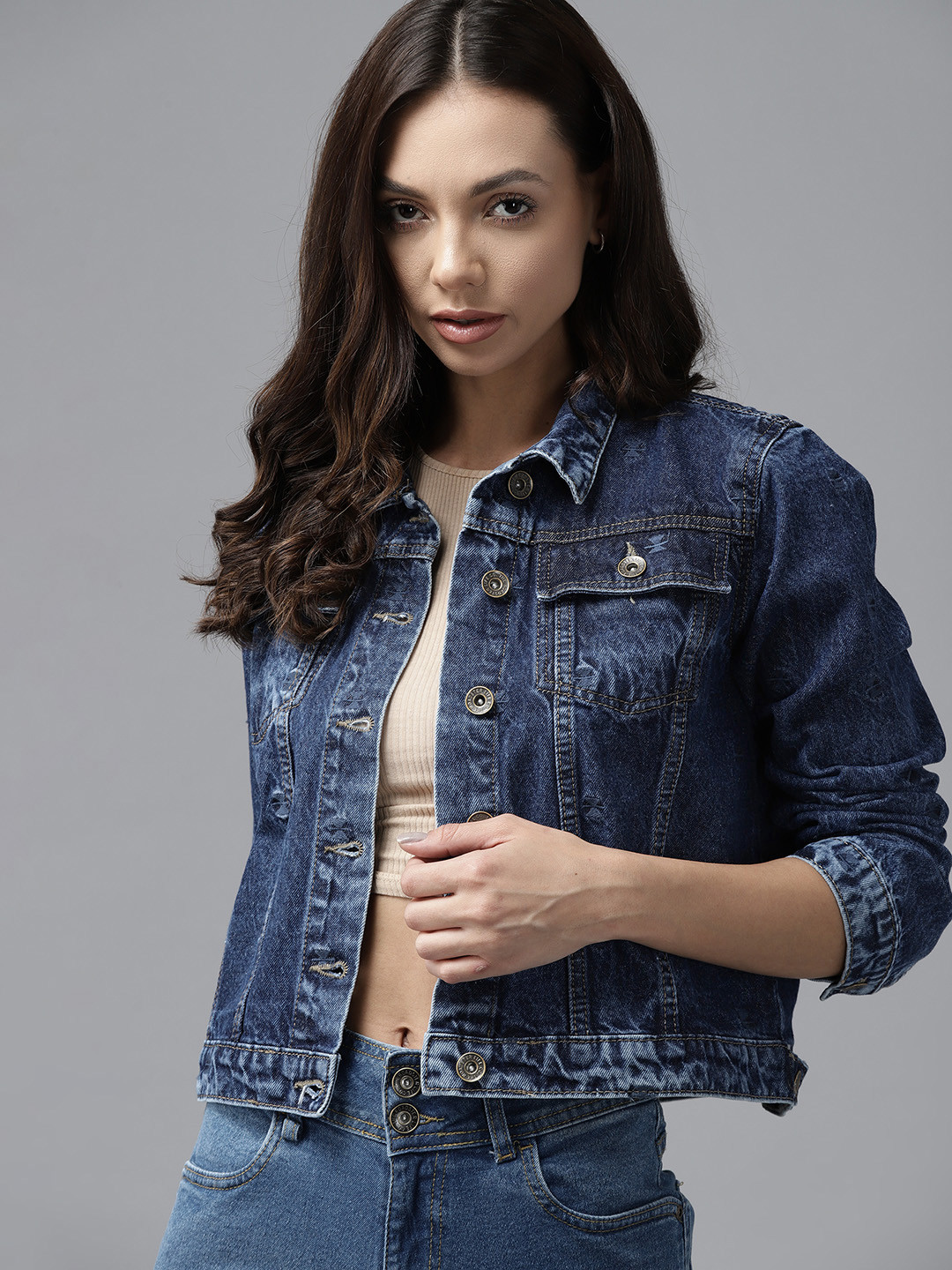 Buy Roadster Women Navy Blue Cotton Denim Jacket Jackets for Women