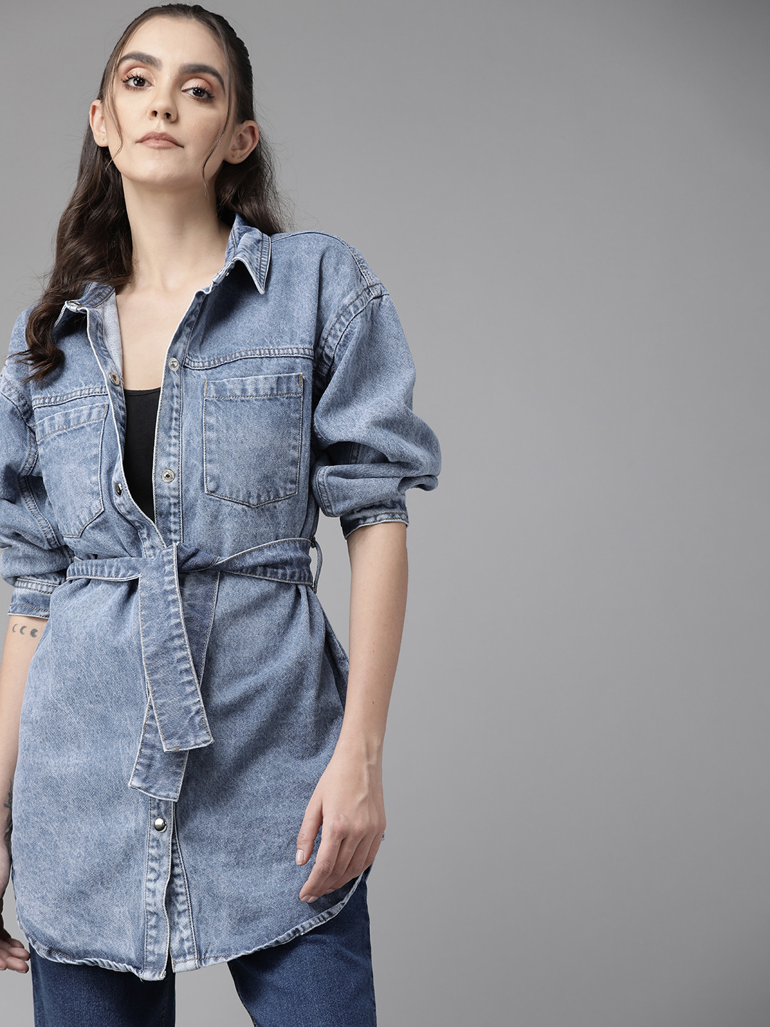 Buy Roadster Women Blue Solid Cotton Longline Denim Jacket With Belt