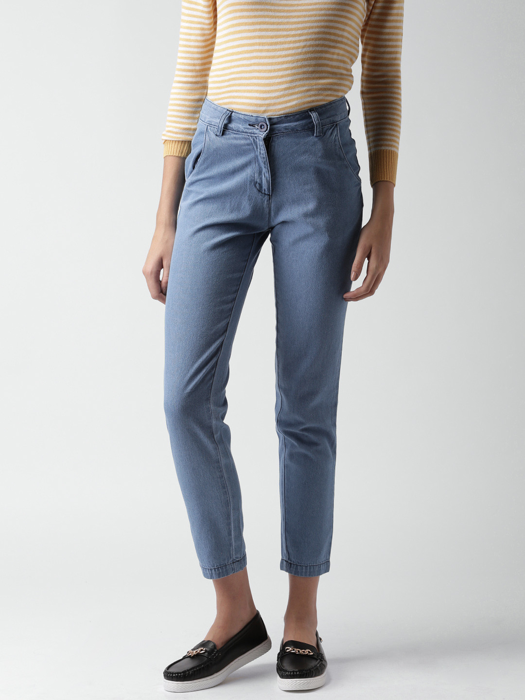 Buy Mast & Harbour Women Blue Solid Flat Front Trousers Trousers for