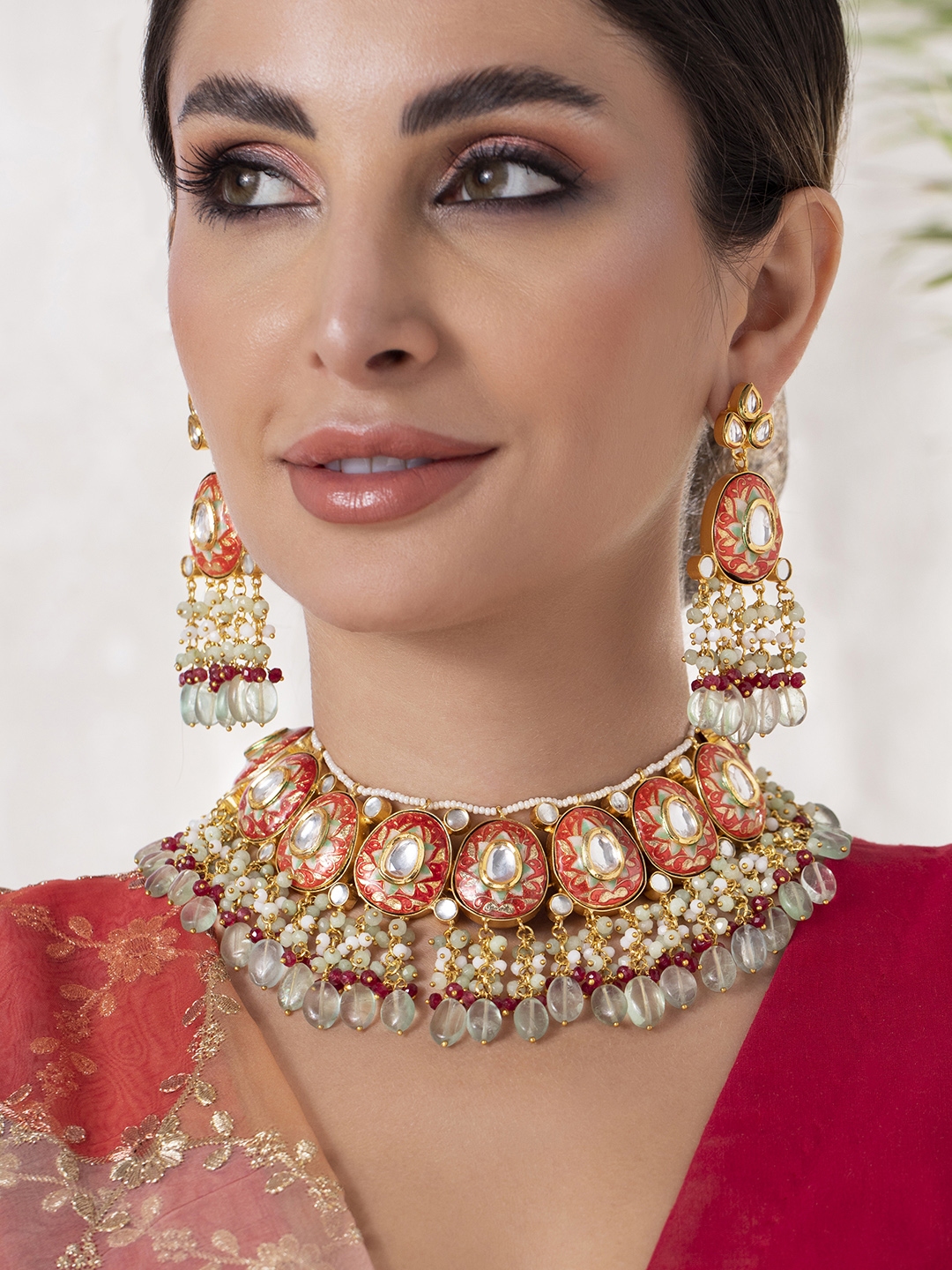 Buy Rubans K Gold Plated Red Green Stone Studded Beaded Jewellery Set Jewellery Set For