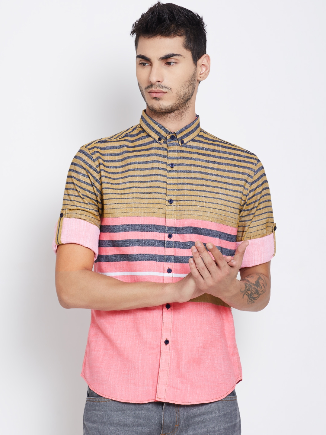 Buy HIGHLANDER Men Khaki & Pink Striped Casual Shirt - Shirts for Men ...