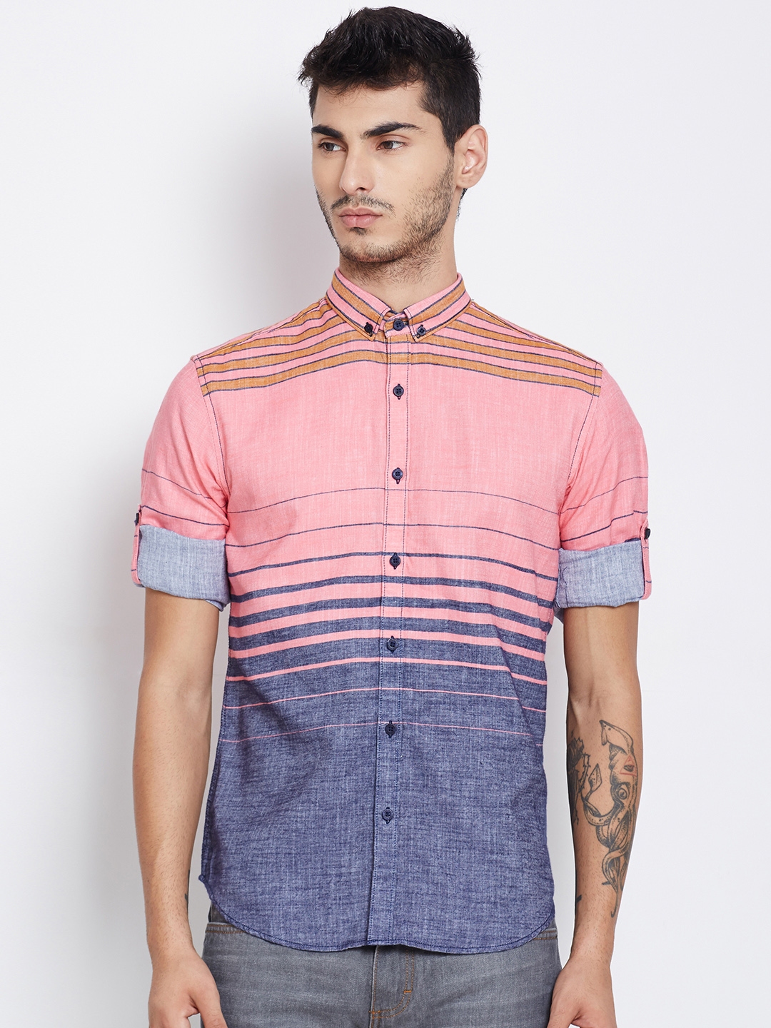 Buy HIGHLANDER Men Pink & Blue Striped Casual Shirt - Shirts for Men ...