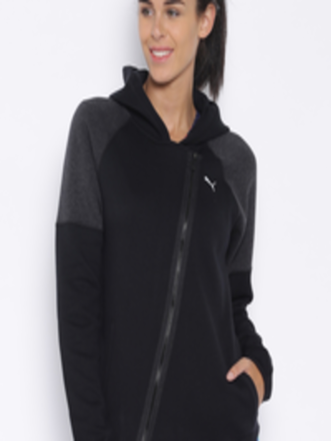 Buy Puma Black & Grey Melange Solid Hooded Jacket - Jackets for Women ...