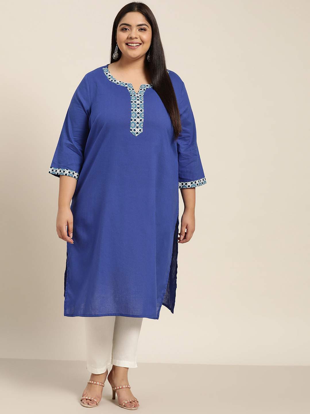 Buy Sztori Women Plus Size Blue Solid Pure Cotton Straight Kurta