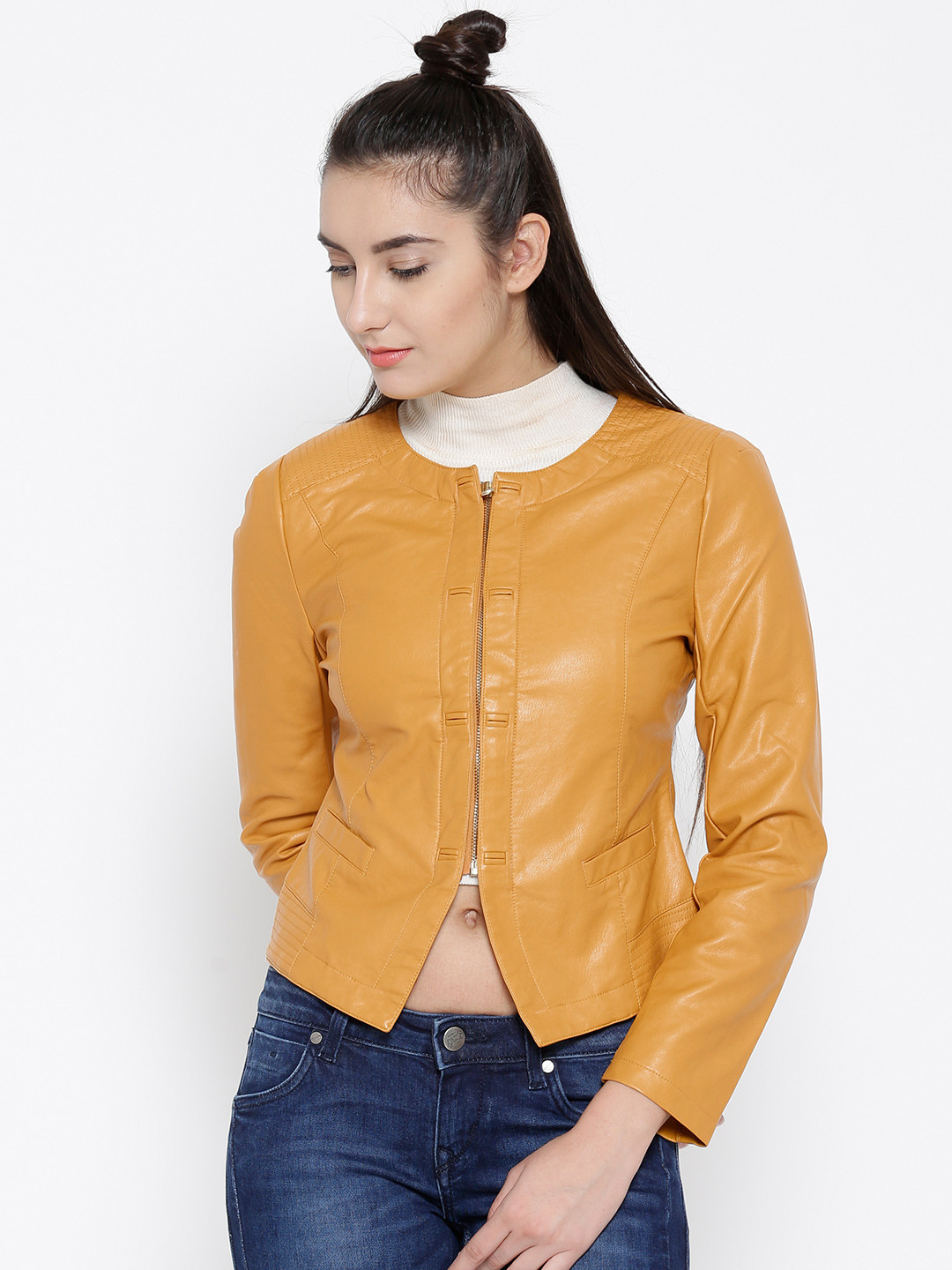 Buy Fort Collins Mustard Yellow Faux Leather Jacket Jackets for Women