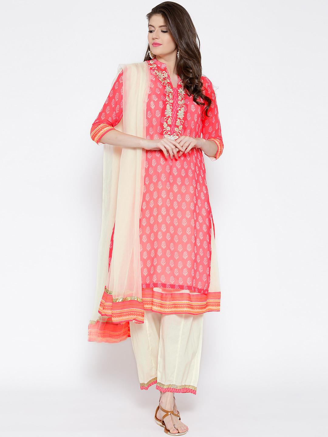 Buy BIBA Coral Red Printed Kurta With Palazzo Trousers & Dupatta