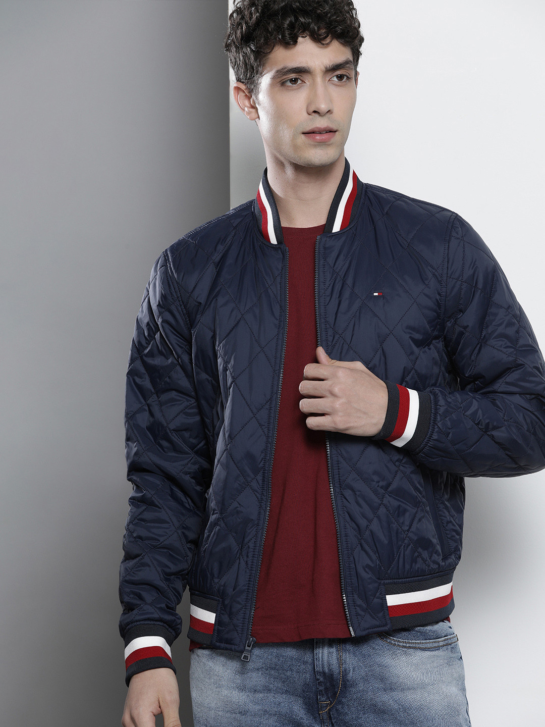 Buy Tommy Hilfiger Men Navy Blue Solid Bomber Jacket Jackets for Men