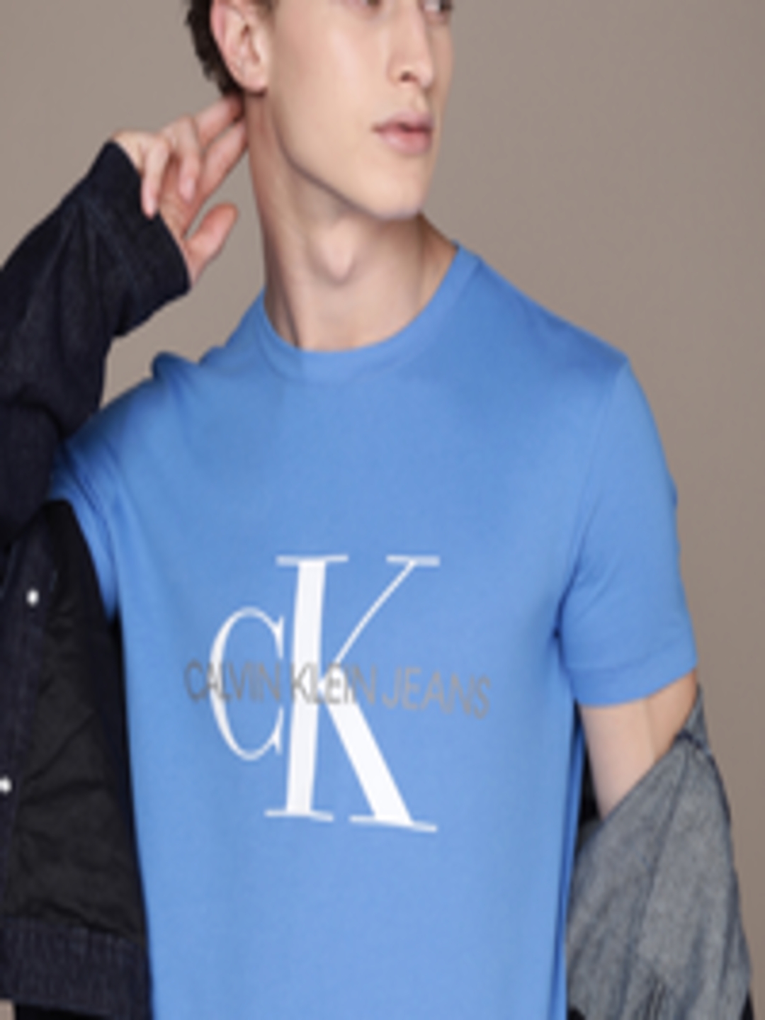 Buy Calvin Klein Jeans Men Blue White Brand Logo Printed Pure Cotton T ...