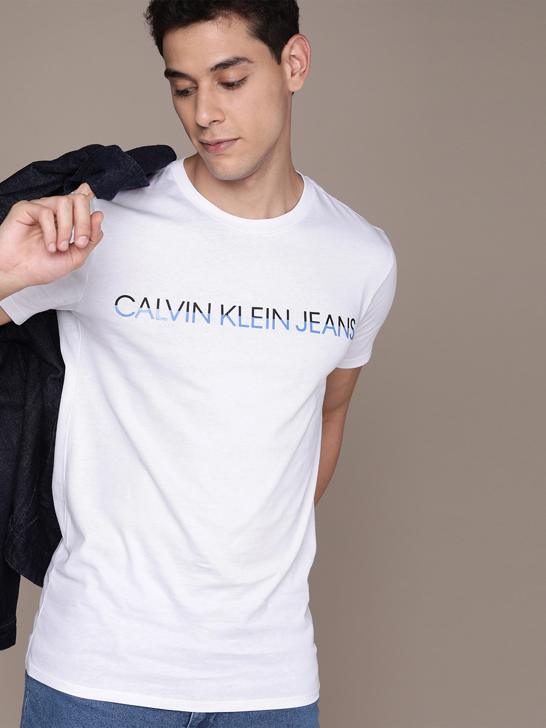 Buy Calvin Klein Jeans Men White Blue Brand Logo Printed Pure Cotton T