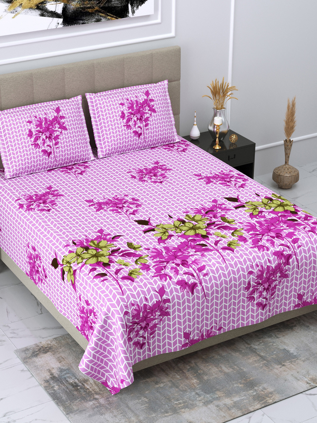 Buy DREAM WEAVERZ White & Pink Floral Glazed Cotton 220 TC Cotton King