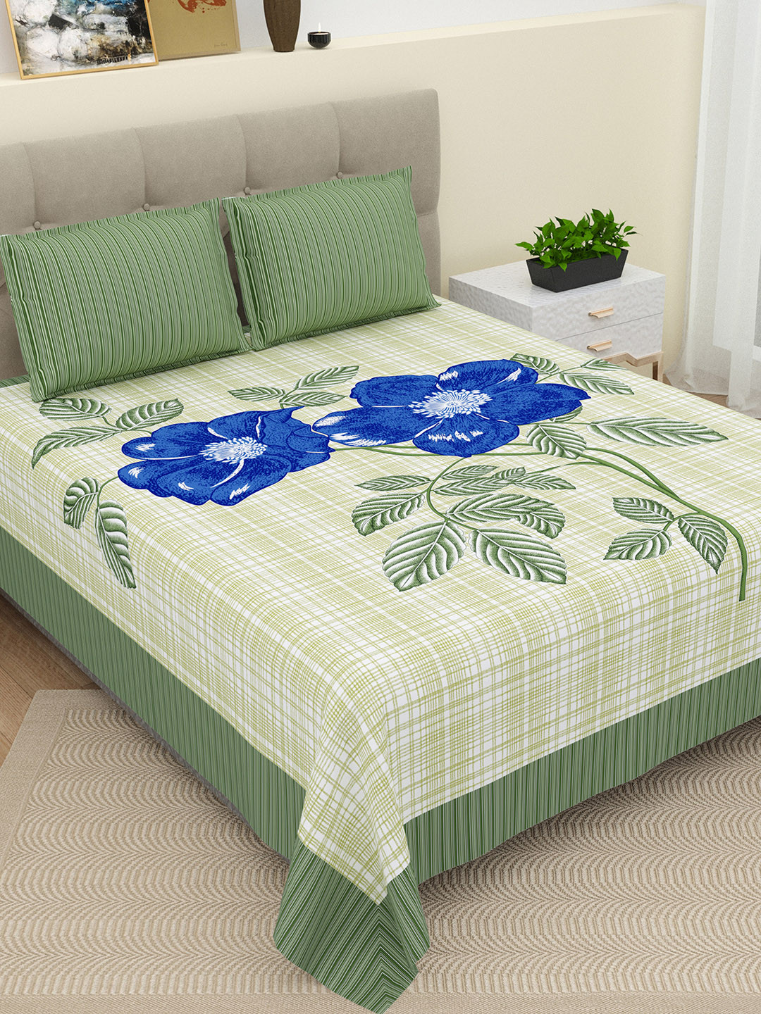 Buy DREAM WEAVERZ Green & Blue Floral Glazed Cotton 220 TC King
