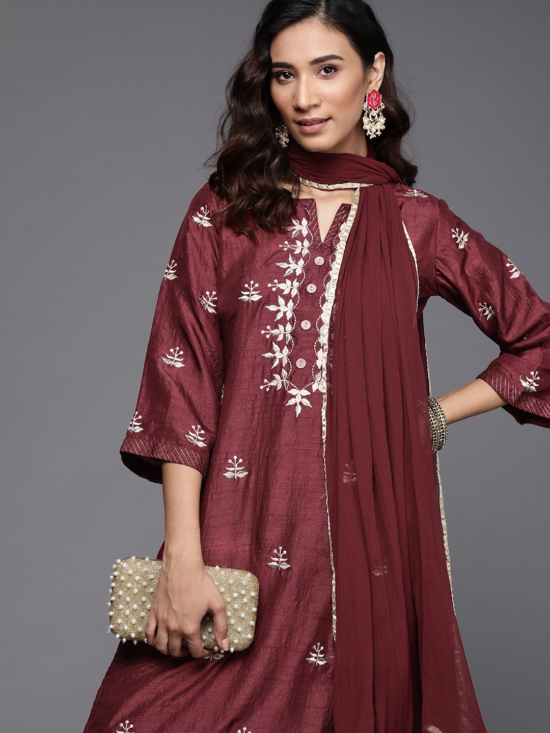 Buy Libas Women Maroon Floral Embroidered Kurta With Trousers And Dupatta Kurta Sets For Women 0279