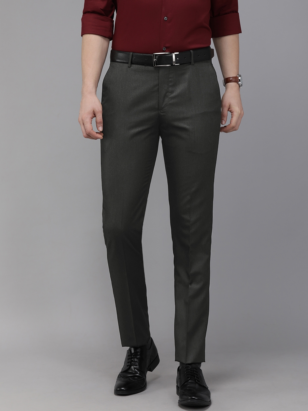 Buy Arrow Men Grey HUDSON Tailored Fit Formal Trousers - Trousers for ...