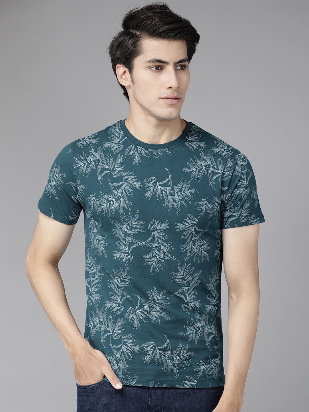 Buy Blackberrys Men Teal Blue Floral Printed Slim Fit T Shirt Tshirts