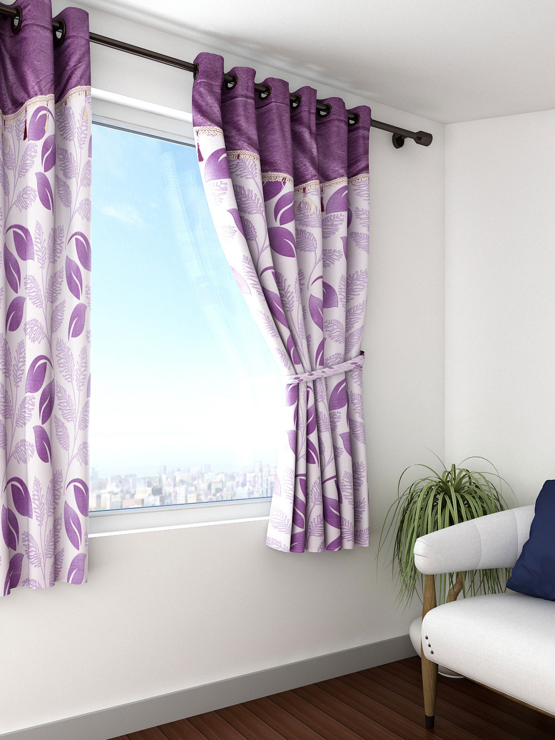 Buy Cortina Purple Single Leaf Print Window Curtain Curtains And