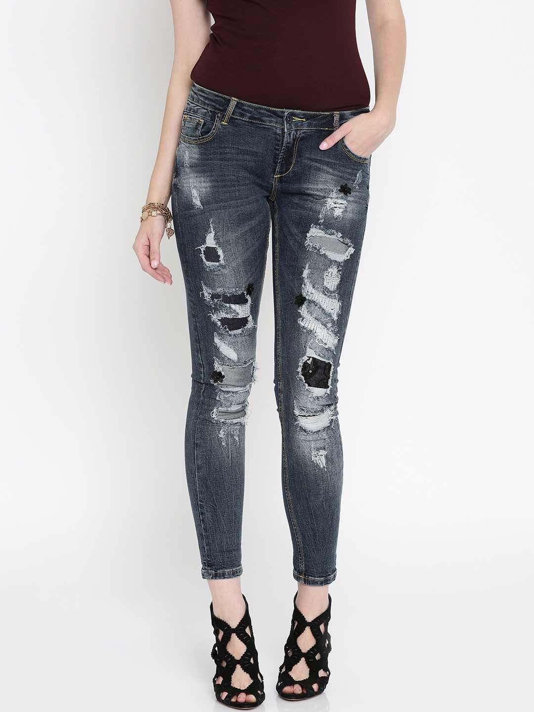 Buy Deal Jeans Women Blue Skinny Fit Mid Rise Highly Distressed Jeans