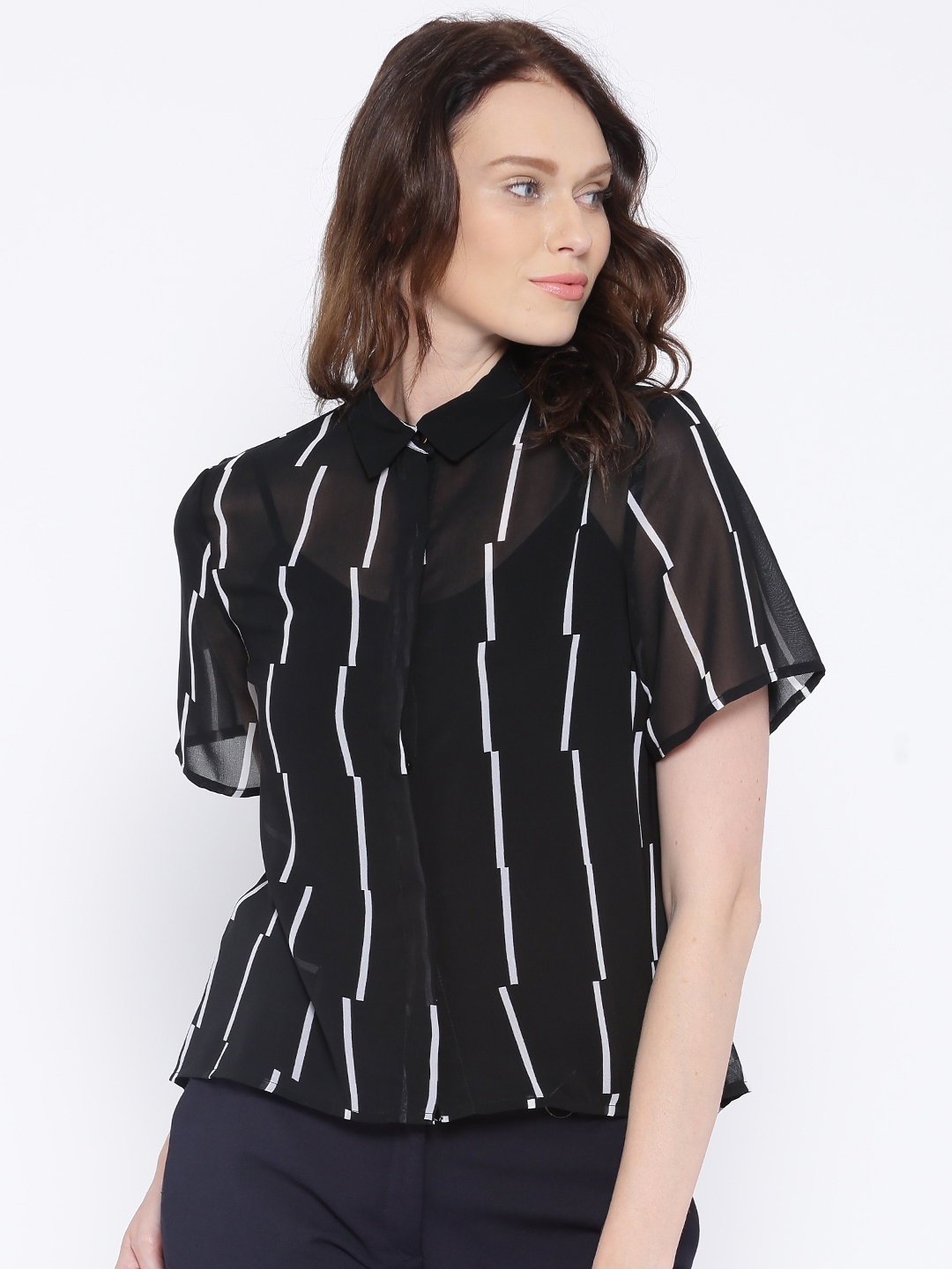 Buy Allen Solly Woman Black & White Regular Fit Striped Casual Shirt ...