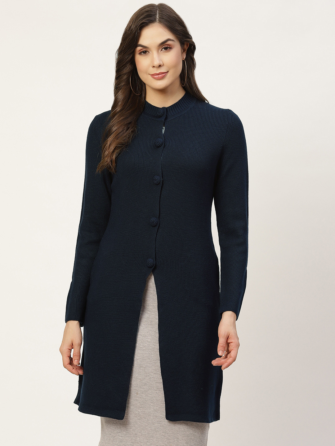 Buy APSLEY Women Navy Blue Longline Cardigan Sweaters for Women