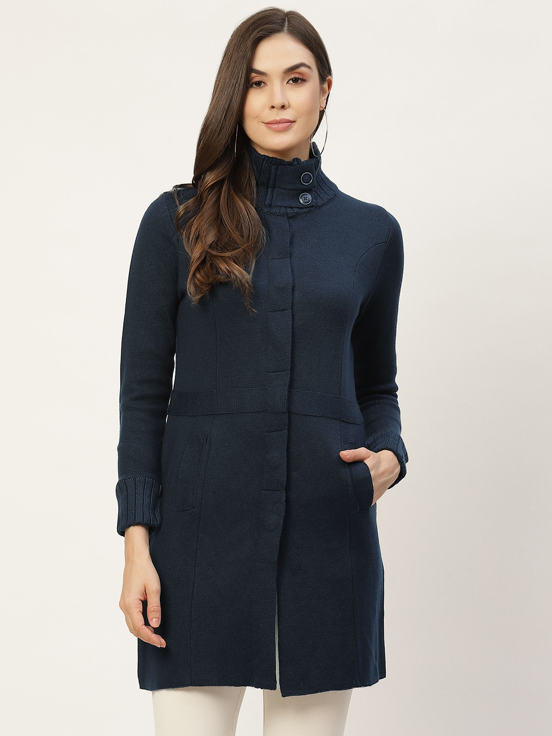 Buy APSLEY Women Navy Blue Longline Cardigan Sweaters for Women