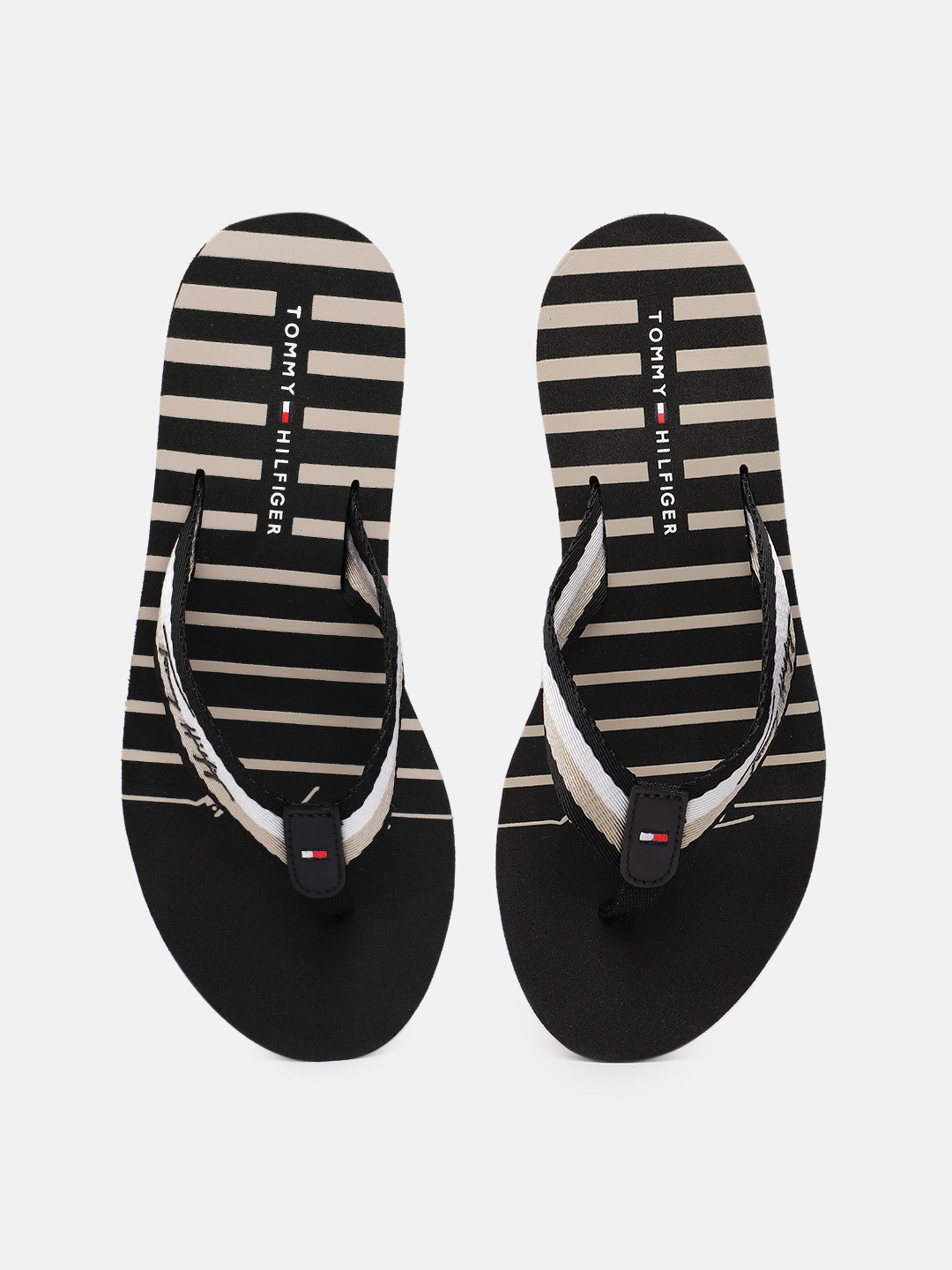 Buy Tommy Hilfiger Women Black & White Striped Thong Heeled Flip Flops