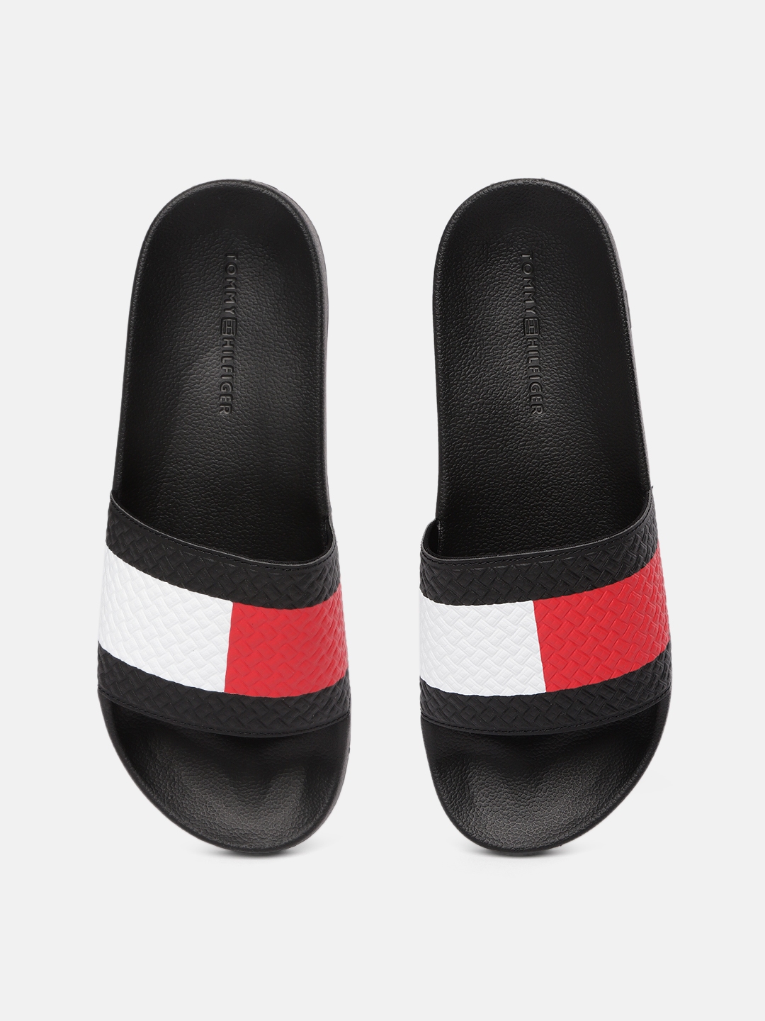 Buy Tommy Hilfiger Men Black & Red Colourblocked Sliders - Flip Flops ...