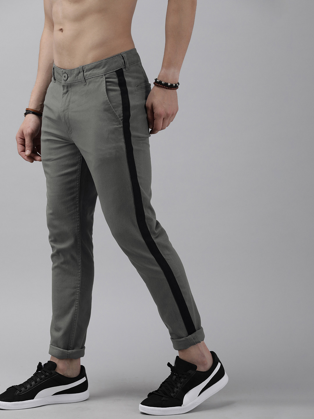 Buy Roadster Men Grey Tapered Fit Side Striped Trousers - Trousers for ...