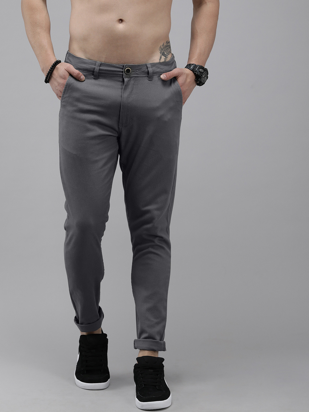 Buy Roadster Men Grey Solid Slim Fit Regular Trousers - Trousers for ...