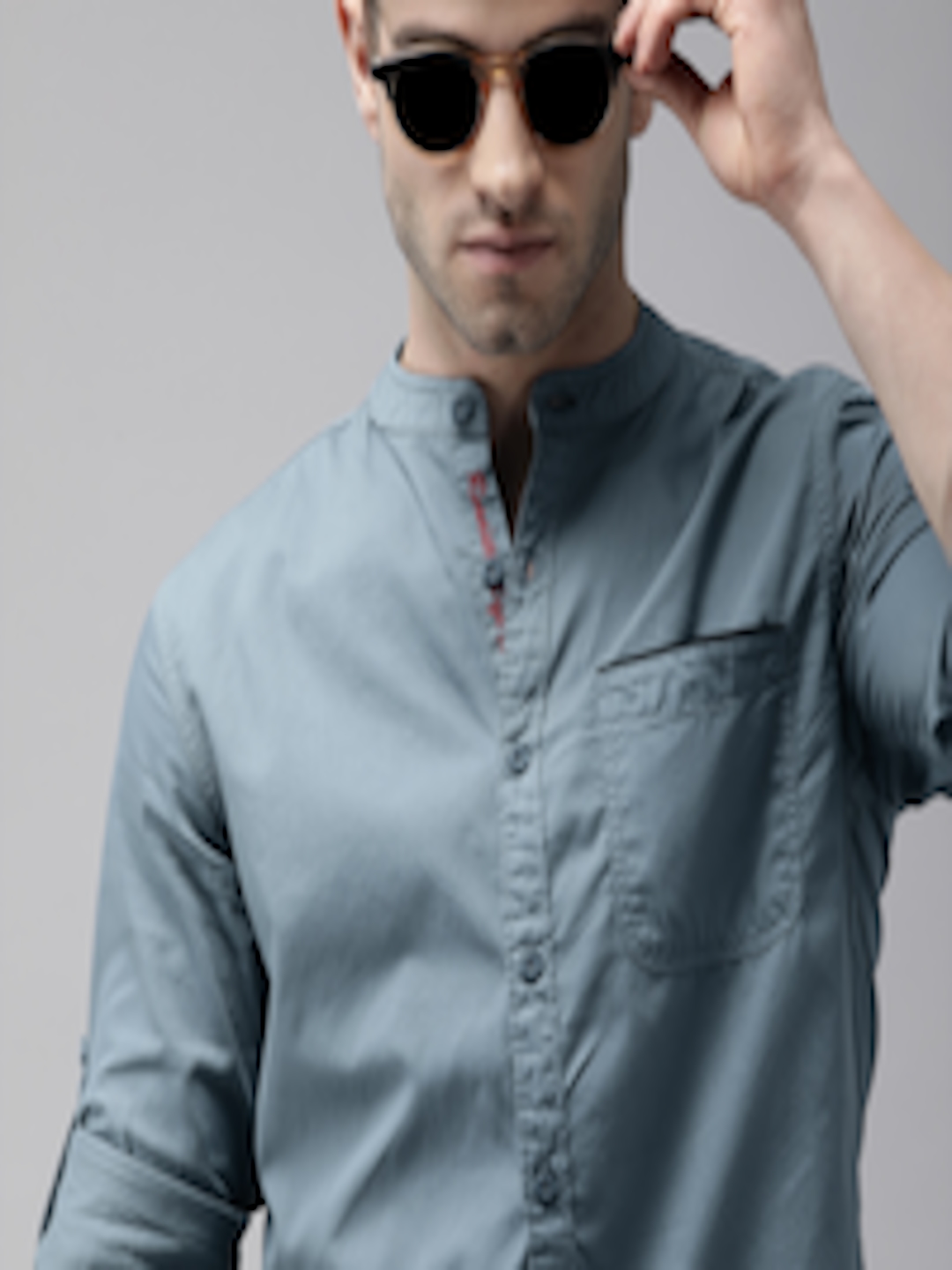Buy Roadster Men Blue Mandarin Collar Roll Up Sleeves Casual Shirt ...