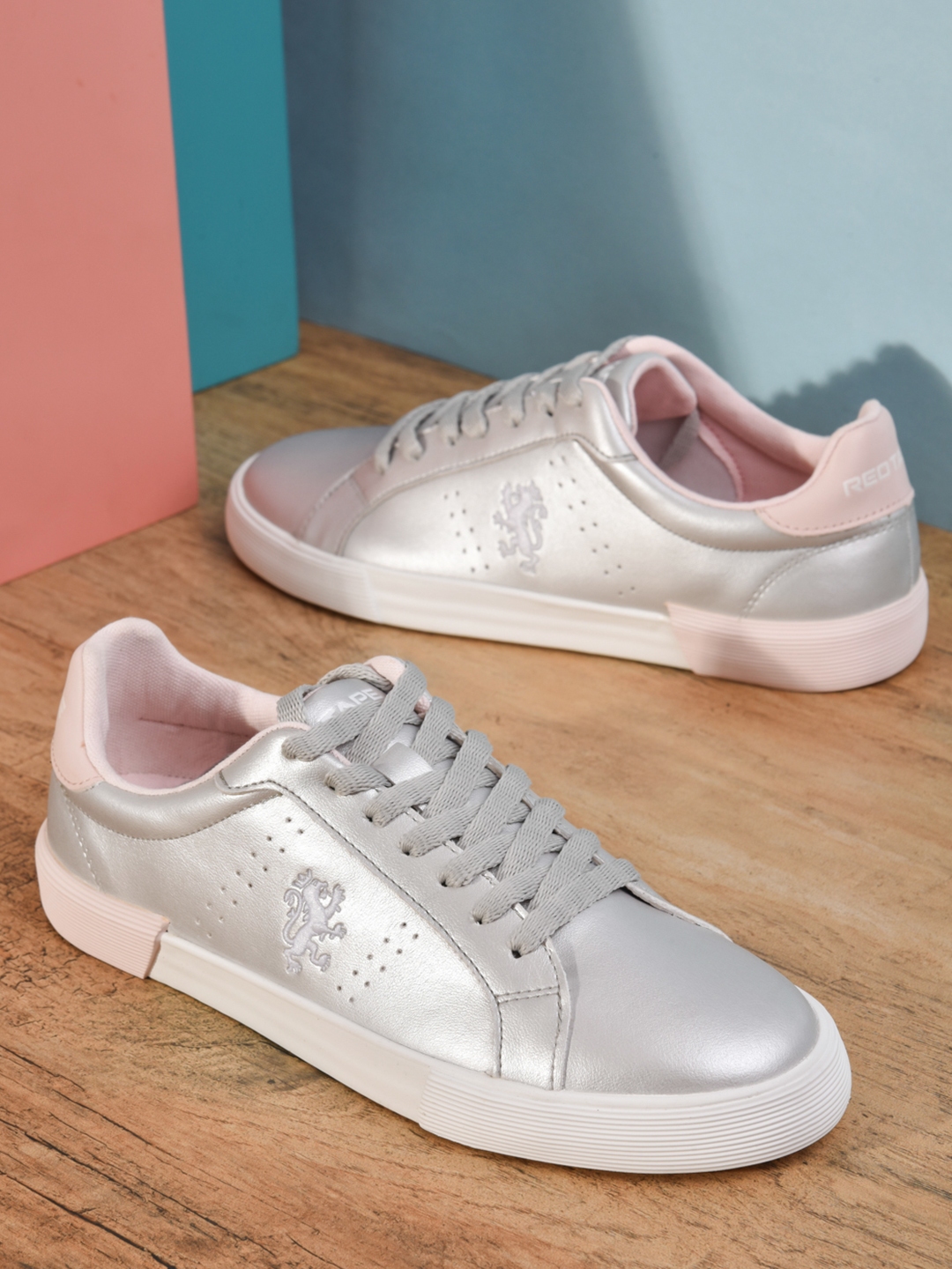 red tape silver shoes