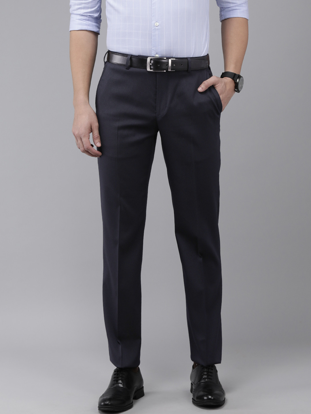 Buy Park Avenue Men Navy Blue Self Striped Smart Fit Formal Trousers ...