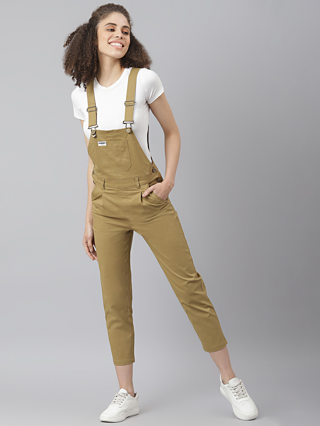 Buy FINSBURY LONDON Women Khaki Coloured Solid Dungarees Dungarees