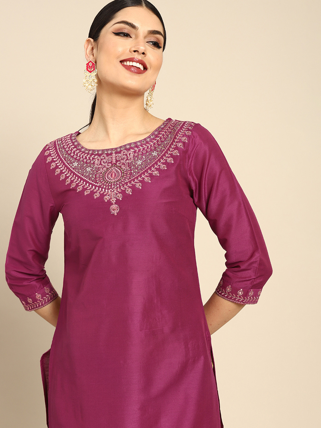 Women Purple Bandhani Yoke Design Sequinned Kurta Set