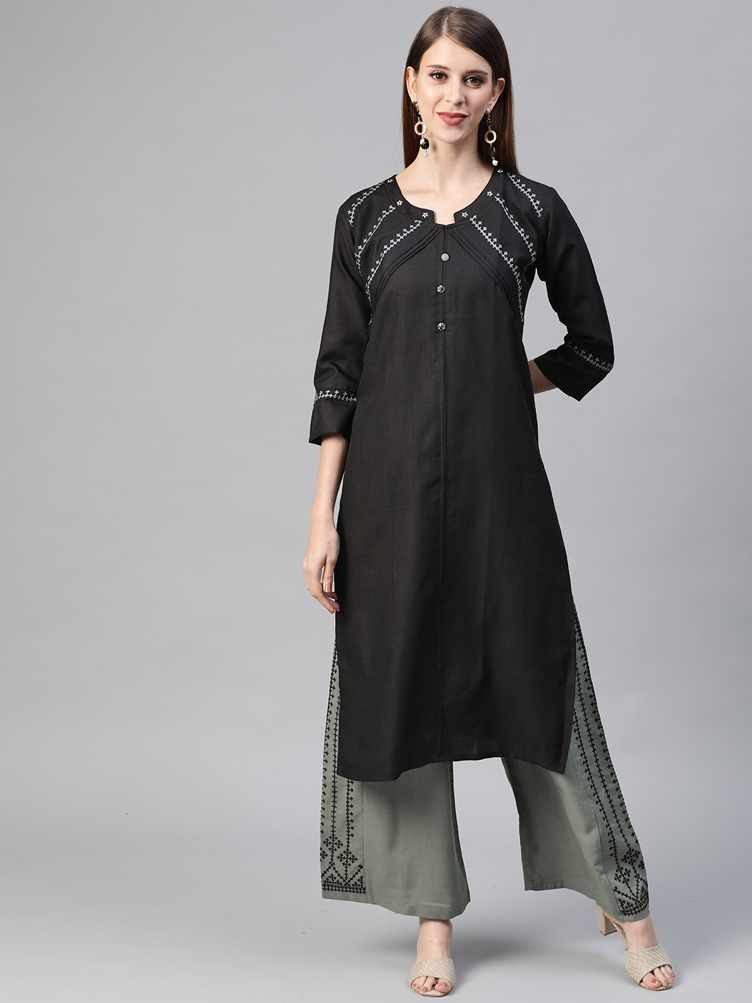 Women Red Yoke Design Thread Work Kurta with Trousers