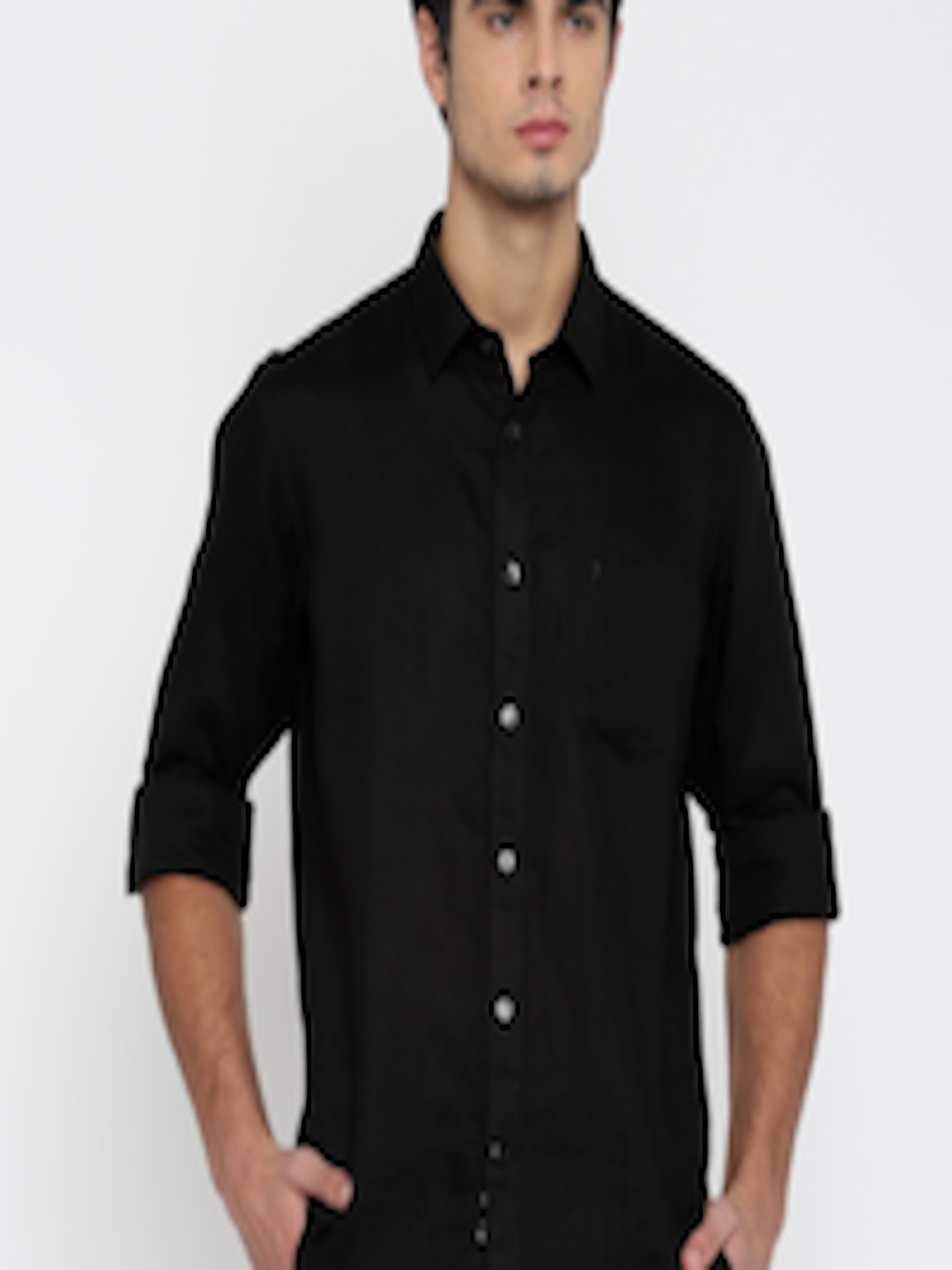 Buy Indian Terrain Men Black Slim Fit Solid Linen Casual Shirt - Shirts ...