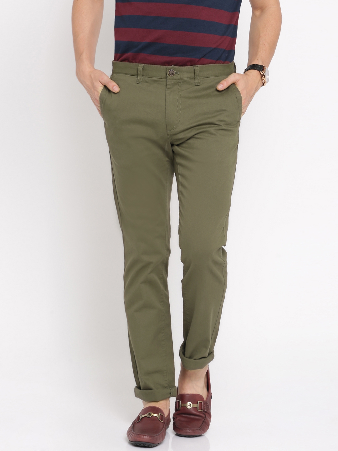 Buy Indian Terrain Men Olive Green Brooklyn Slim Fit Chino Trousers ...