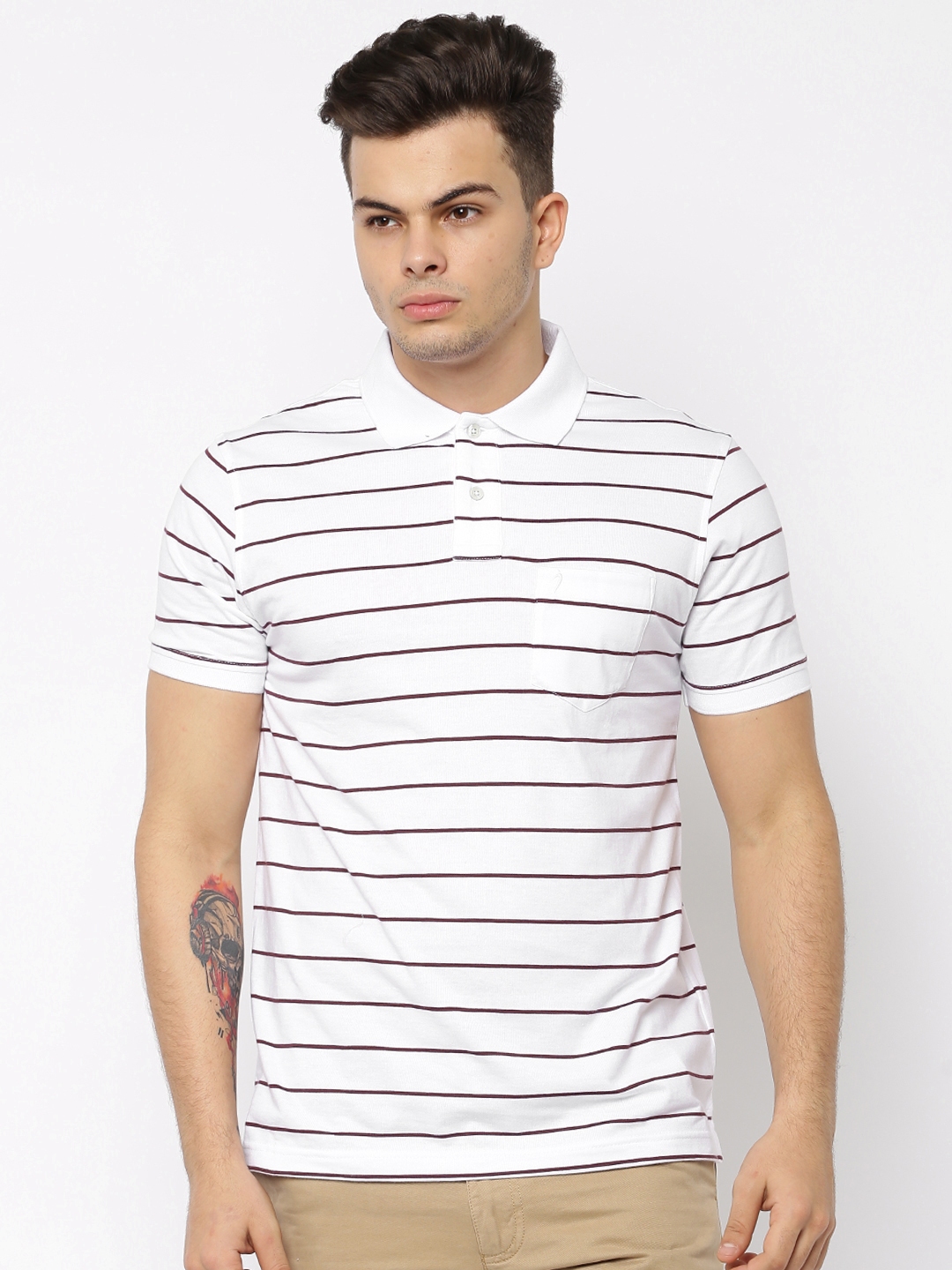 Buy Indian Terrain Men White Striped Polo Pure Cotton T Shirt - Tshirts ...