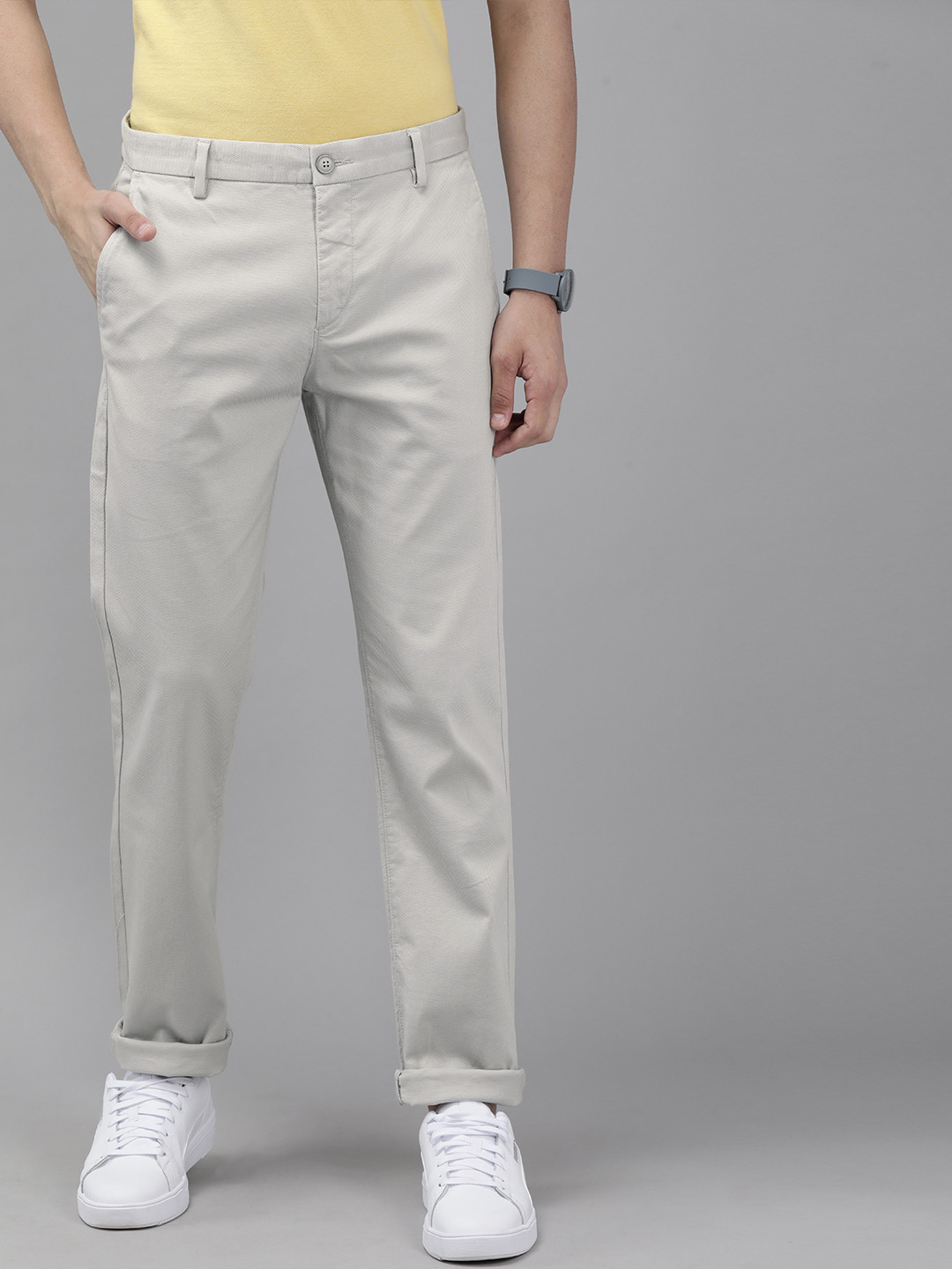 Buy U S Polo Assn Men Grey Solid Slim Fit Regular Trousers - Trousers ...