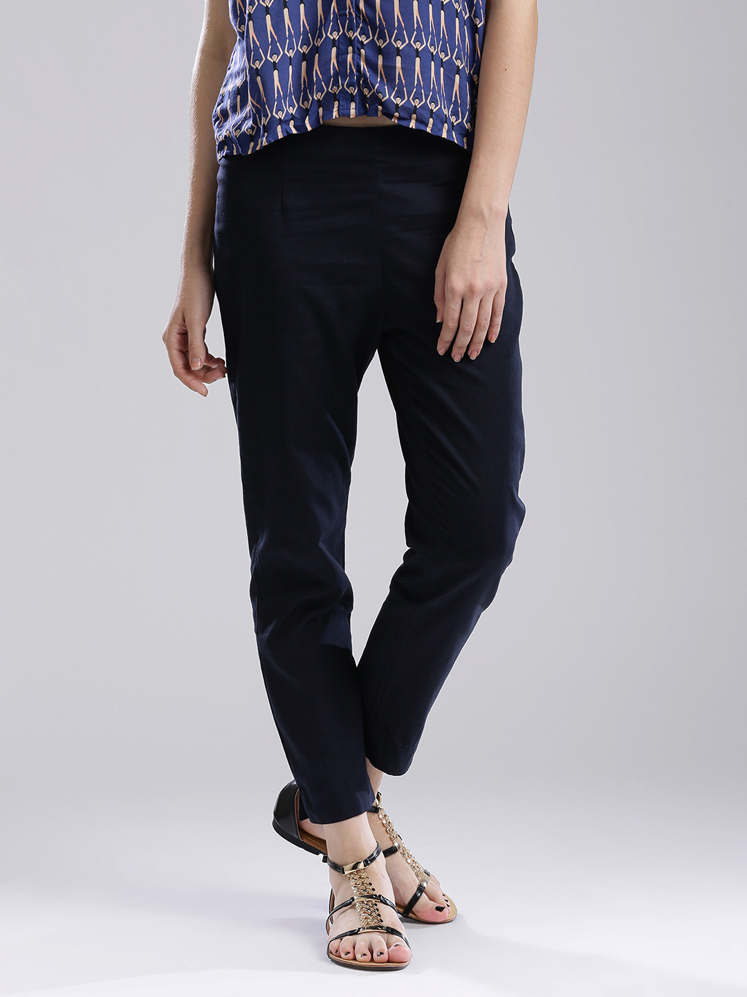 Buy W Women Navy Blue Flat Front Casual Trousers Trousers for Women