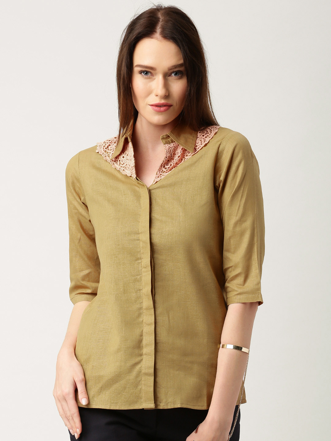 Buy IndusDiva Mumbai Khadi Khaki Shirt Shirts for Women 1468237 Myntra