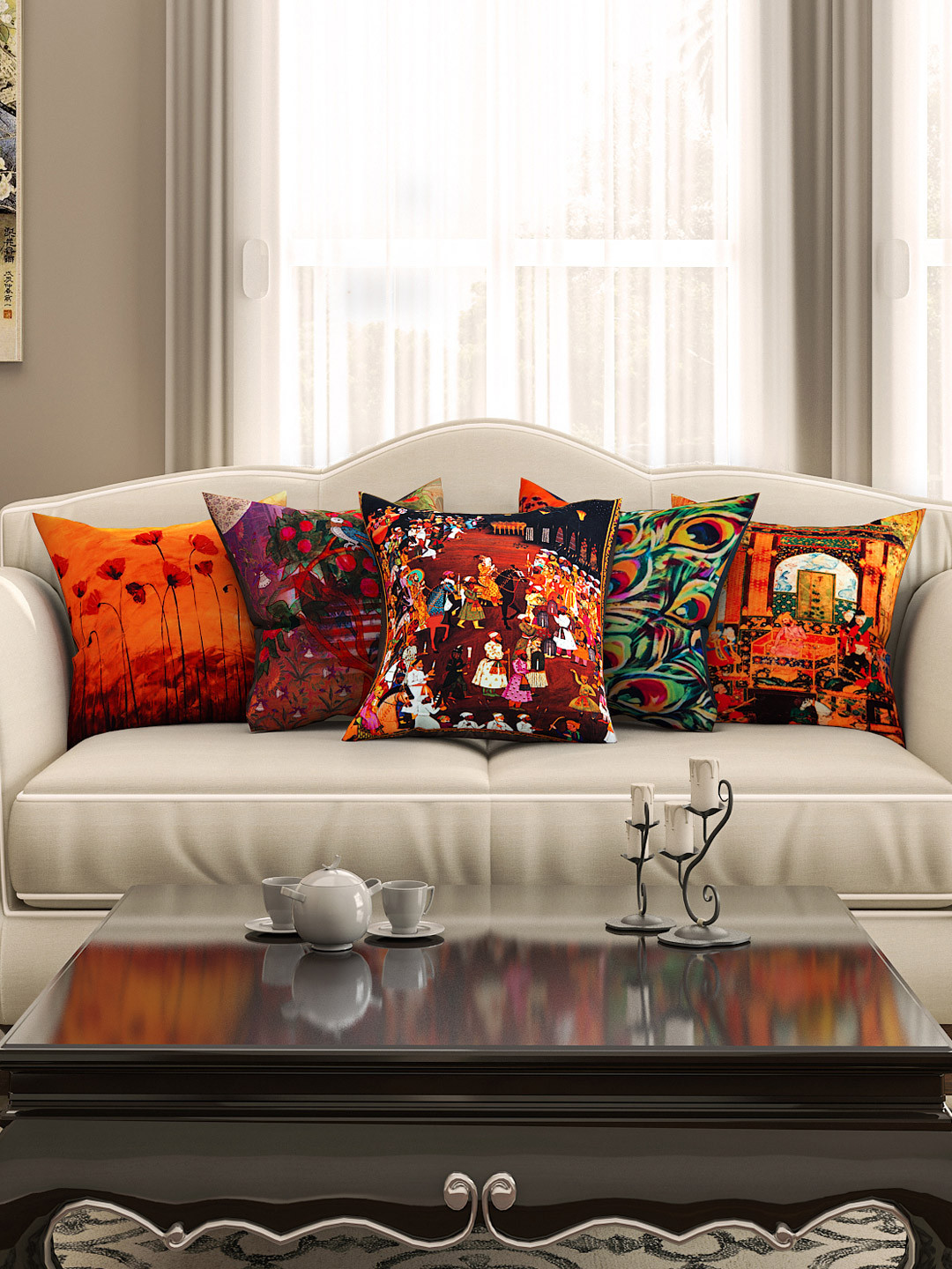 Buy SEJ By Nisha Gupta Multicoloured 16" X 16" Set Of 5 Square Printed Cushion Covers Cushion