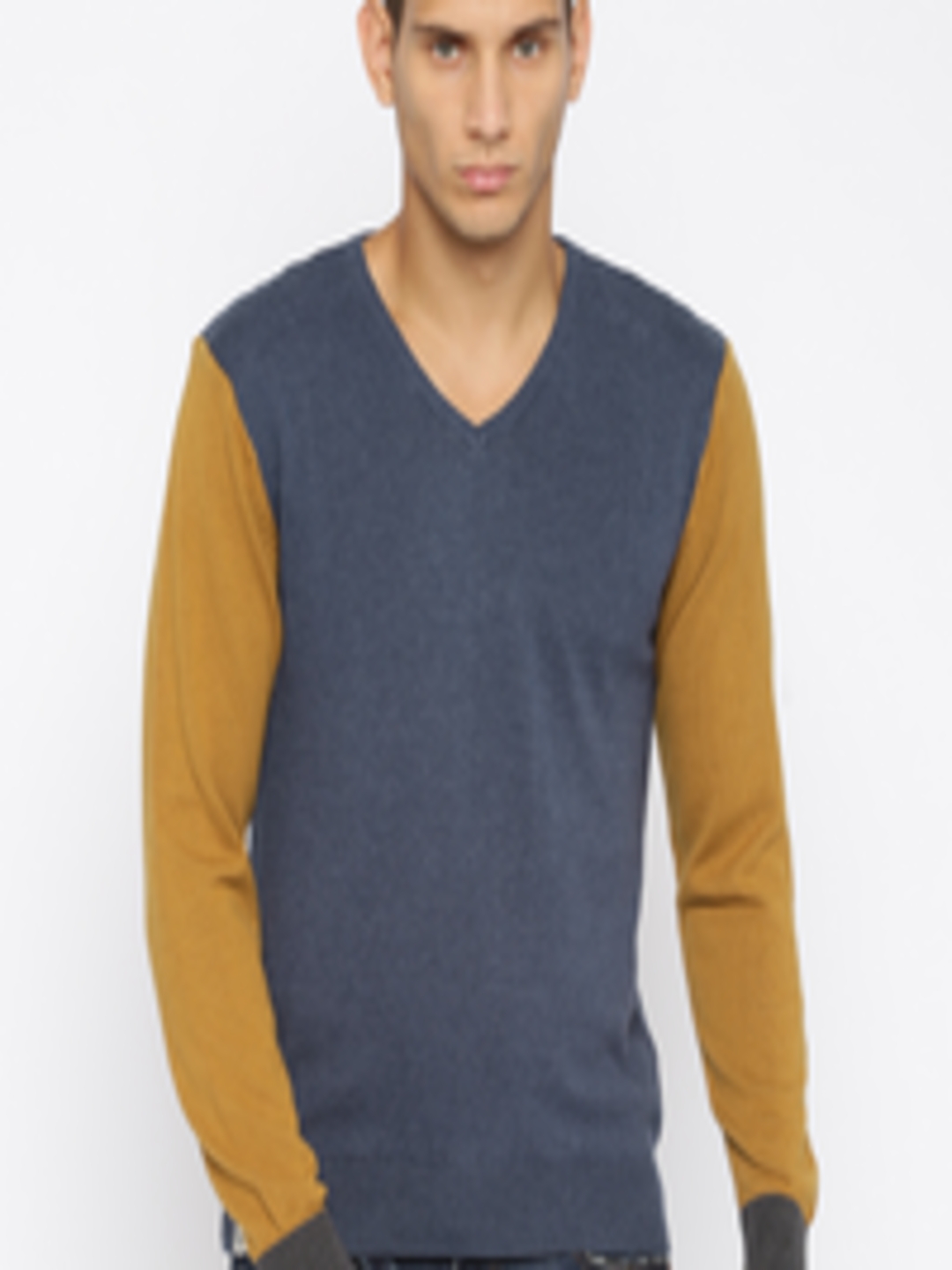 Buy Numero Uno Men Blue & Khaki Colourblocked Sweater - Sweaters for ...
