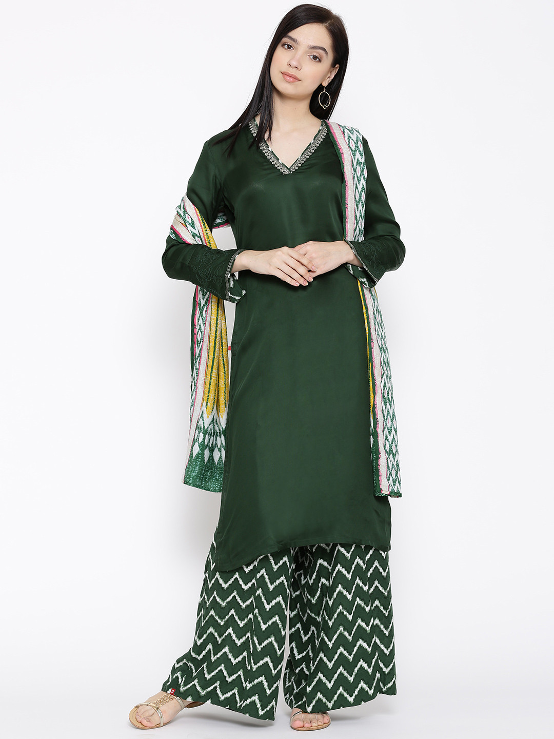 Buy Biba Green Printed Kurta With Palazzo Trousers & Dupatta Kurta