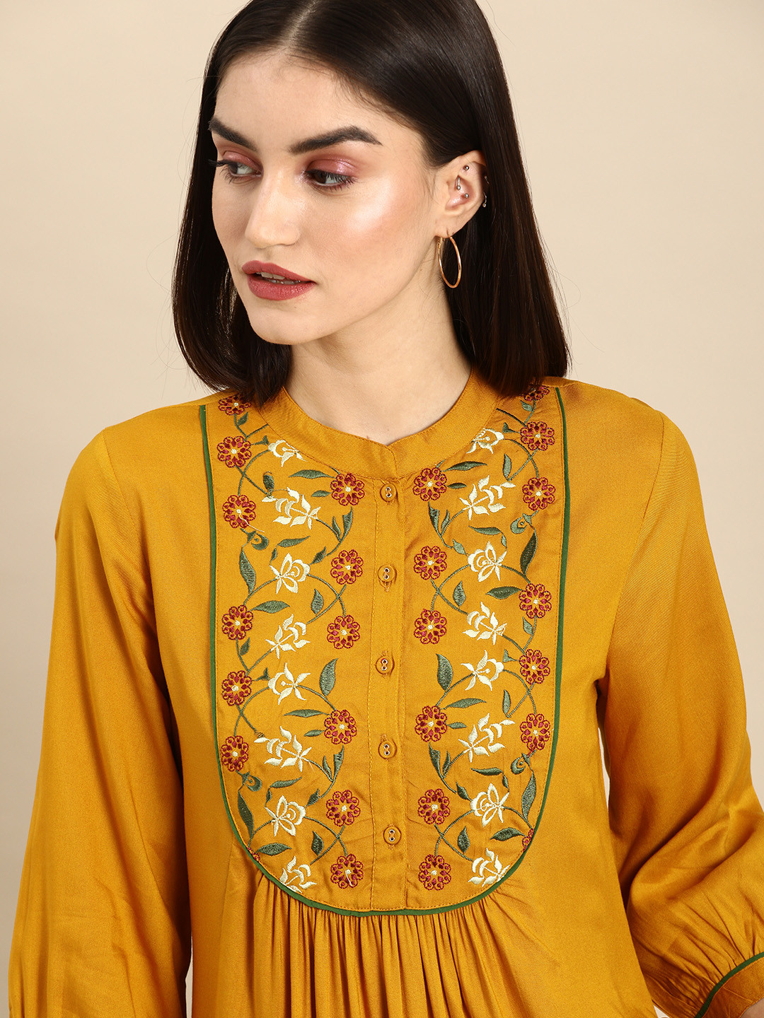 Buy All About You Women Mustard Yellow Floral Embroidered Ethnic A Line