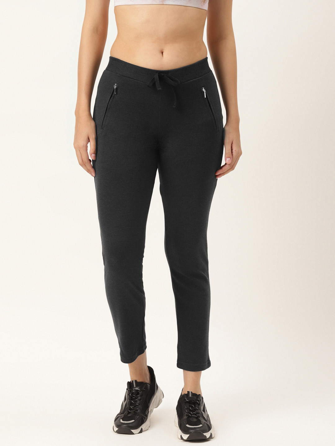 Buy Women Charcoal Grey Solid Slim Fit Cotton Cropped Track Pants