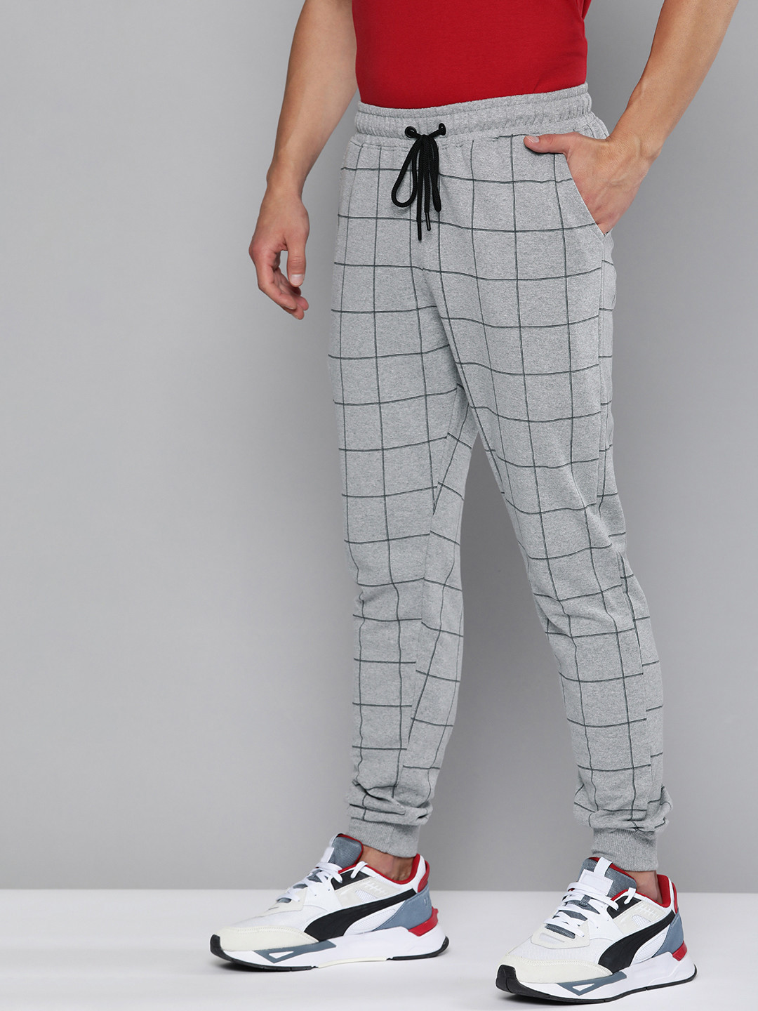 Buy Harvard Men Grey Melange & Black Checked Joggers Track Pants for